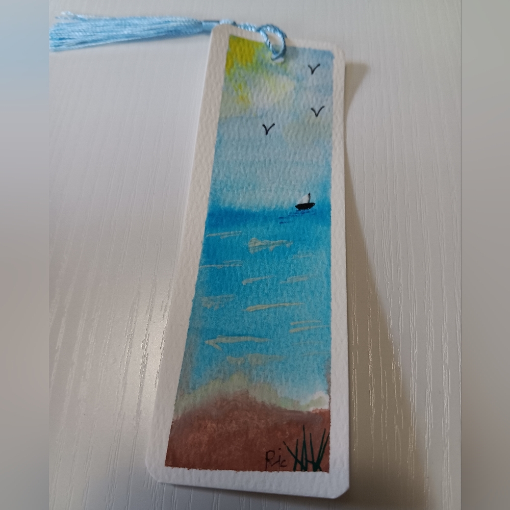 Handmade Watercolor Bookmark with Blue and Brown Design
